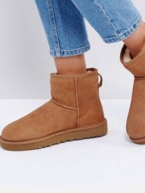 UGG Classic Mini Shearling winter Boots. chestnut brown suede uppers.